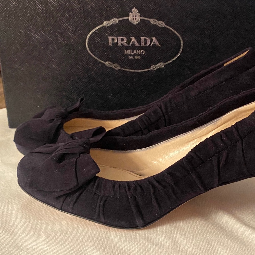 Prada suede heels with bows on the toes